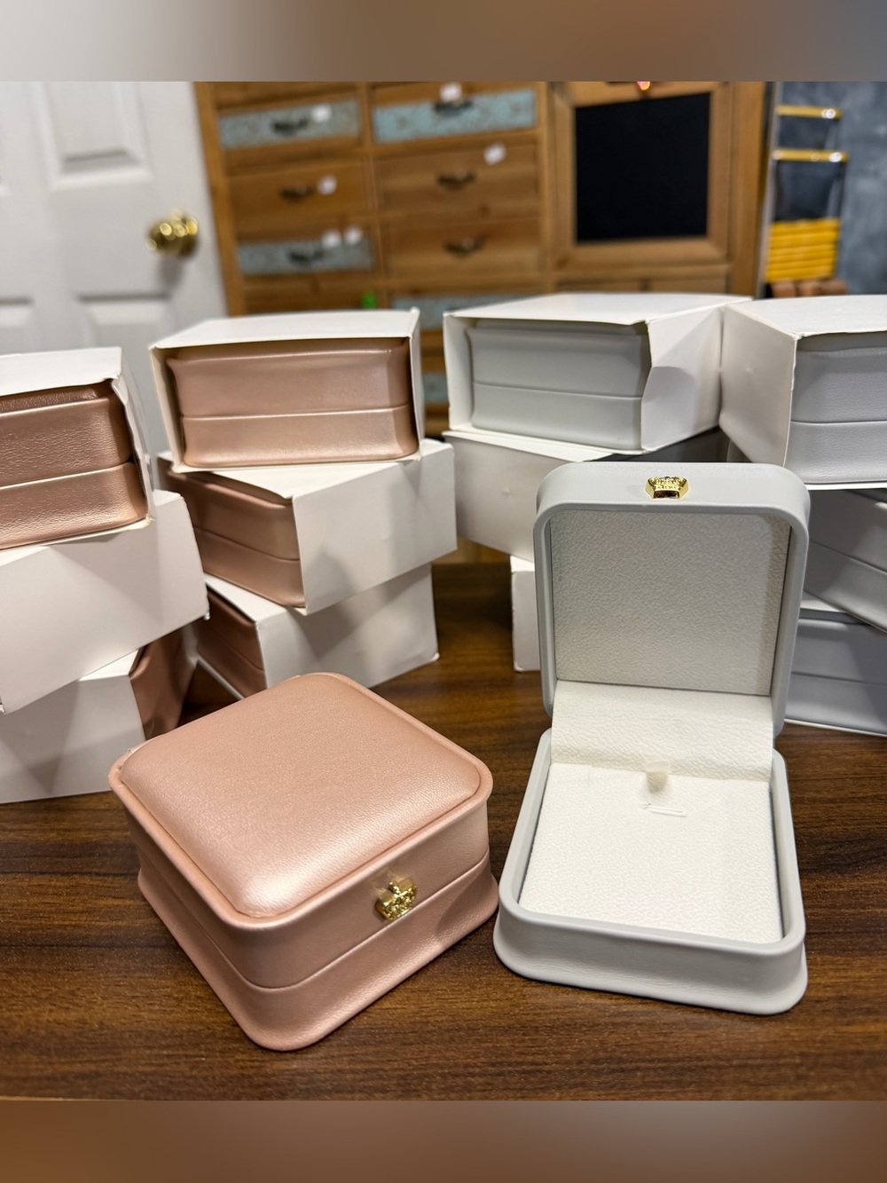 Luxury Crown Rose Gold and Gray PU Leather Jewelry Pendant Boxes lot of 14